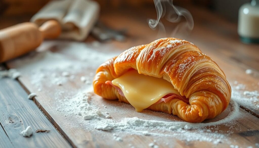 baking ham and cheese croissant pastry