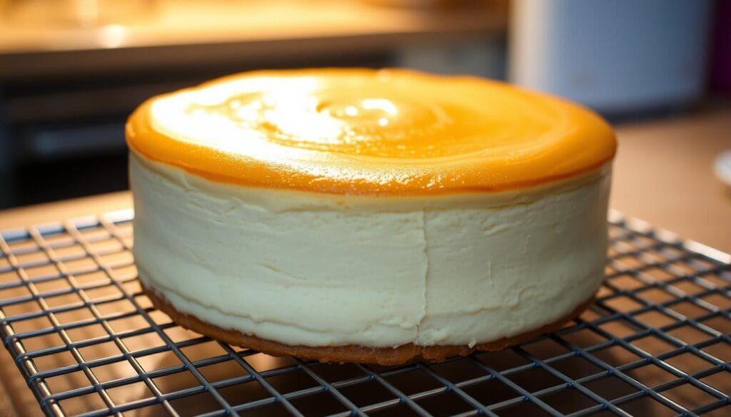 cheesecake cooling on a wire rack