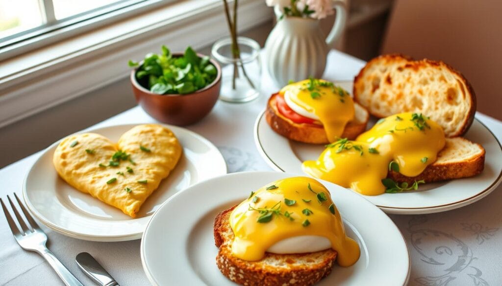 heart-shaped omelets and eggs benedict with a twist